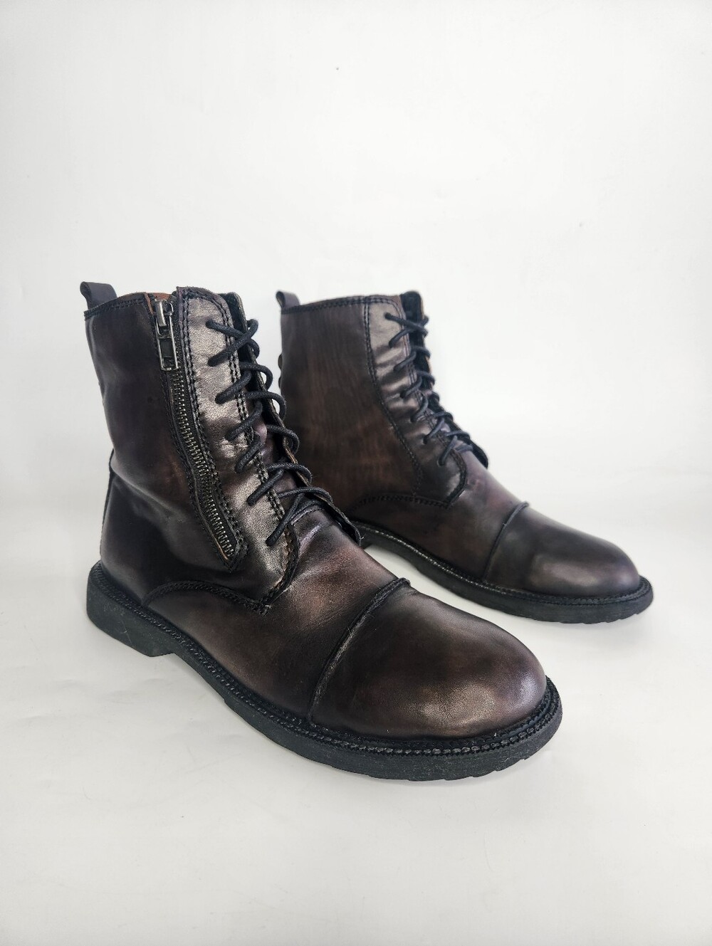 Bed Stu Patriot Brown Leather Tall Cap Toe Lace Up Side Zip Combat Boots Size 9